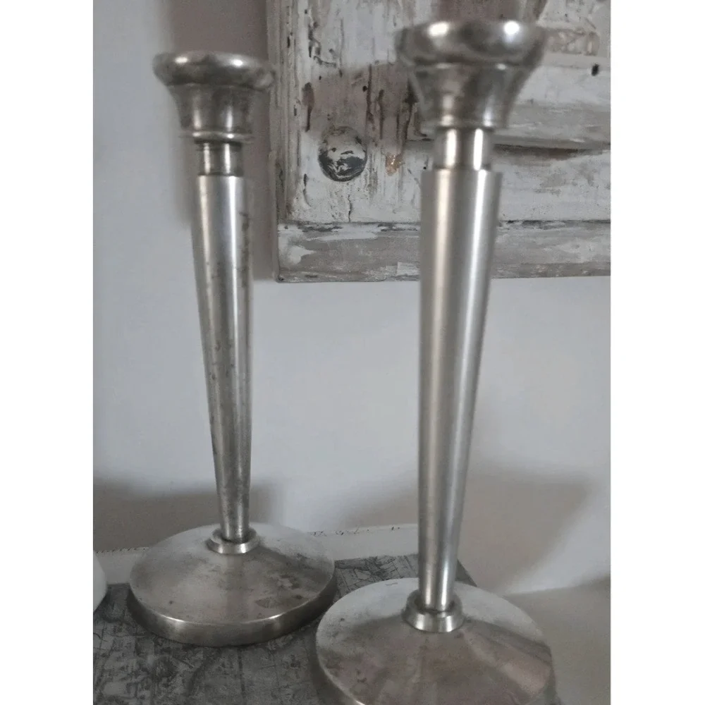 Pottery Barn Silver Metal Taper Candle Holders Set 2 Modern Minimalist Decor